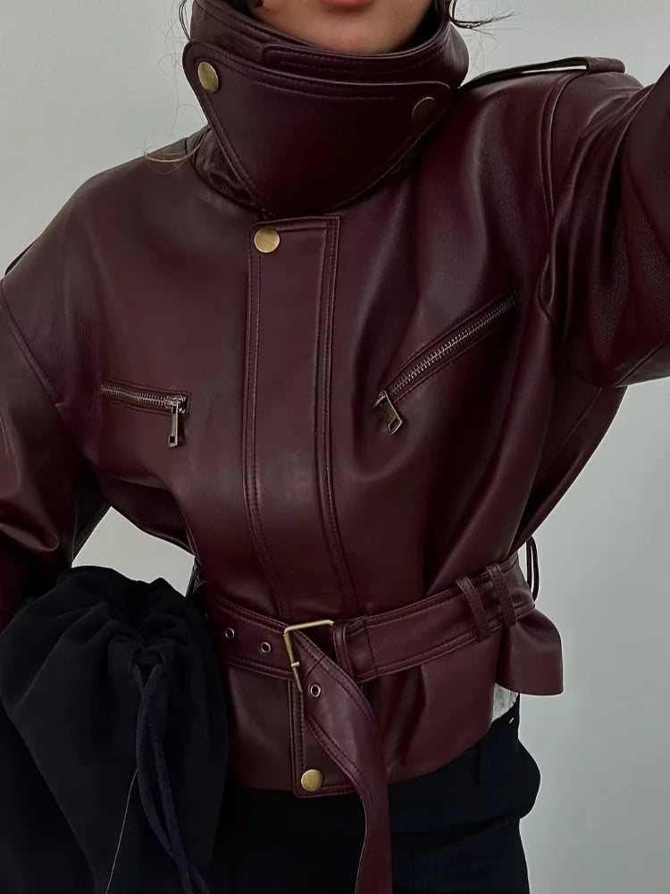 Women Solid Burgundy Waist Cinching Jacket Fashion Lace Up Stand Collar Zipper Bucket Short Jackets 2025 Lady High Street Coat