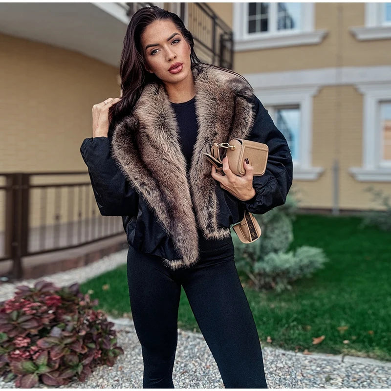 Fashion PU Leather Short Jacket Women Fur Collar Contrast Double-breasted Warm Coat Female 2025 Autumn Winter New Outwears