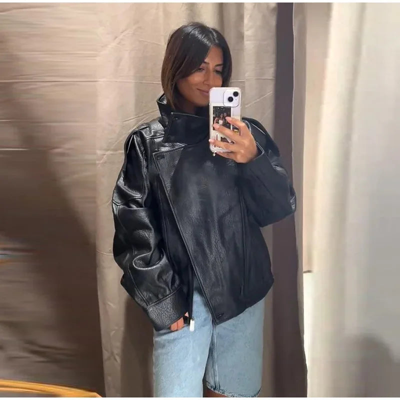 Fashion Dark Grey Suede Bomber Jacket Women Stand Collar Oversize Asymmetric Street Coat 2026 Spring All Match Streetwear New