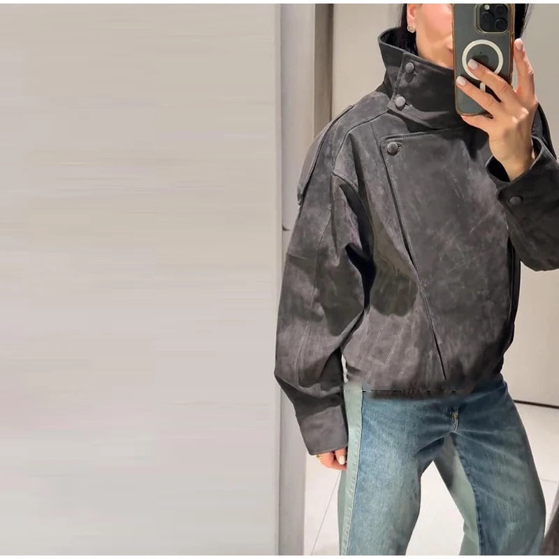 Fashion Dark Grey Suede Bomber Jacket Women Stand Collar Oversize Asymmetric Street Coat 2026 Spring All Match Streetwear New