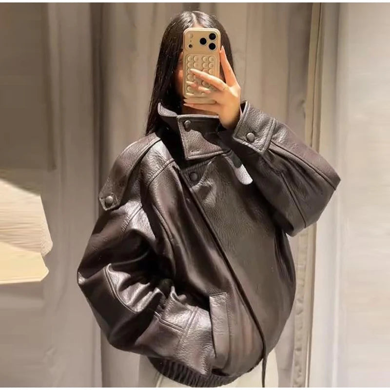 Fashion Dark Grey Suede Bomber Jacket Women Stand Collar Oversize Asymmetric Street Coat 2026 Spring All Match Streetwear New