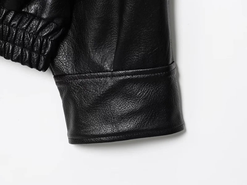 MUJER Black Faux Leather Jackets for Women Outerwears Office Women's Bomber Jacket Snap Button Demi-season Jacket for Women Coat