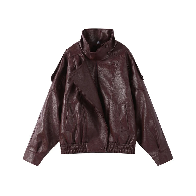 Fashion Dark Grey Suede Bomber Jacket Women Stand Collar Oversize Asymmetric Street Coat 2026 Spring All Match Streetwear New