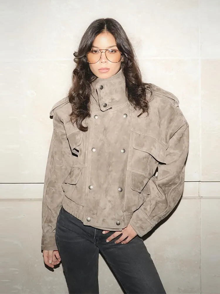 Suede Safari Style Short Bomber Jackets Women Fashion Stand Collar Epaulet Elastic Hem Button Loose Coats Chic Ladies Outerwears