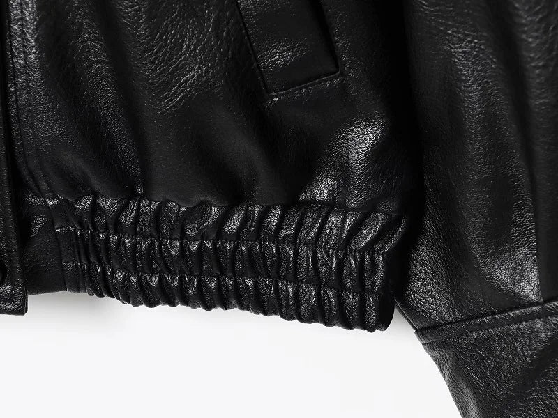 MUJER Black Faux Leather Jackets for Women Outerwears Office Women's Bomber Jacket Snap Button Demi-season Jacket for Women Coat