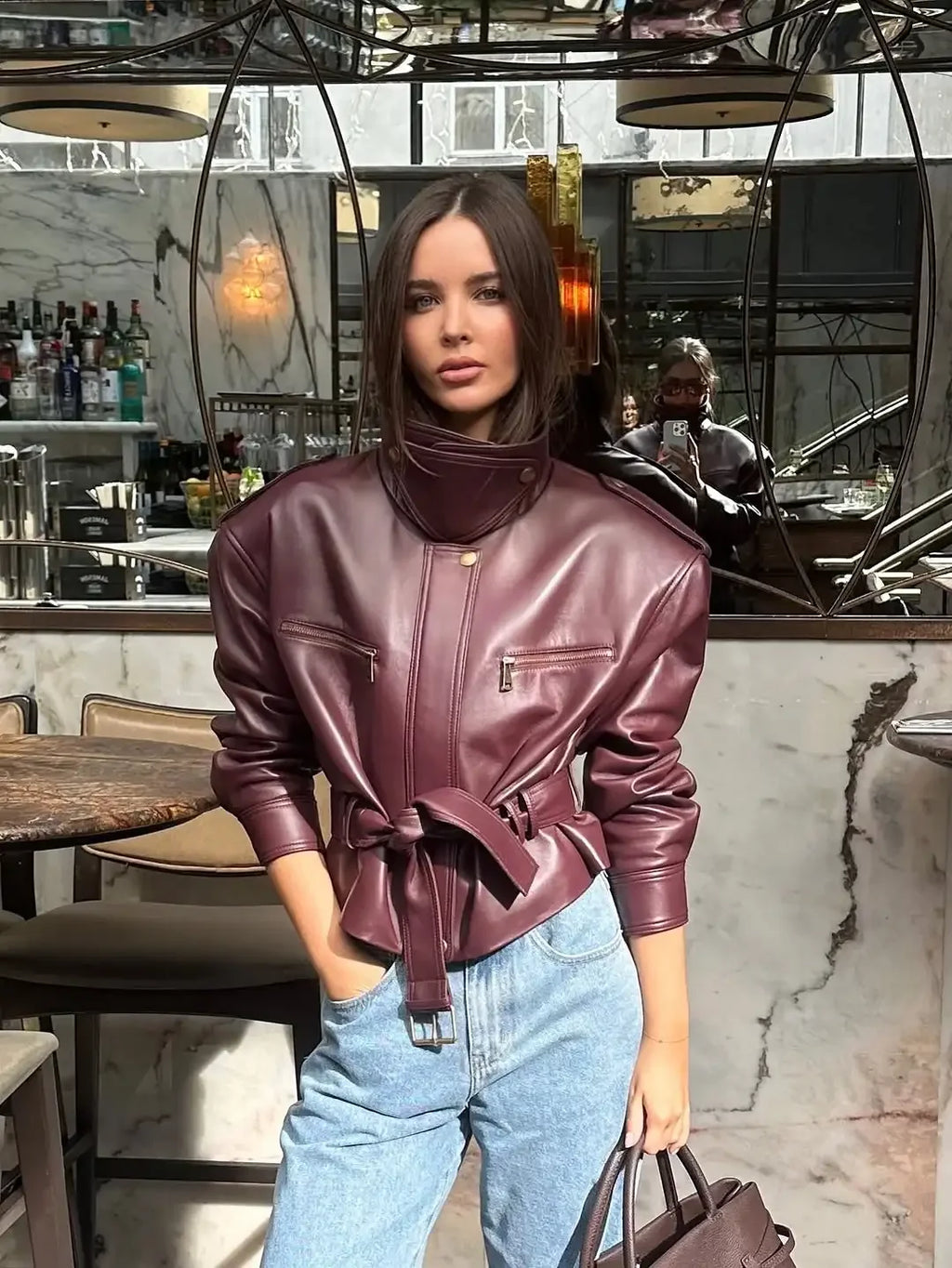 Women Solid Burgundy Waist Cinching Jacket Fashion Lace Up Stand Collar Zipper Bucket Short Jackets 2025 Lady High Street Coat