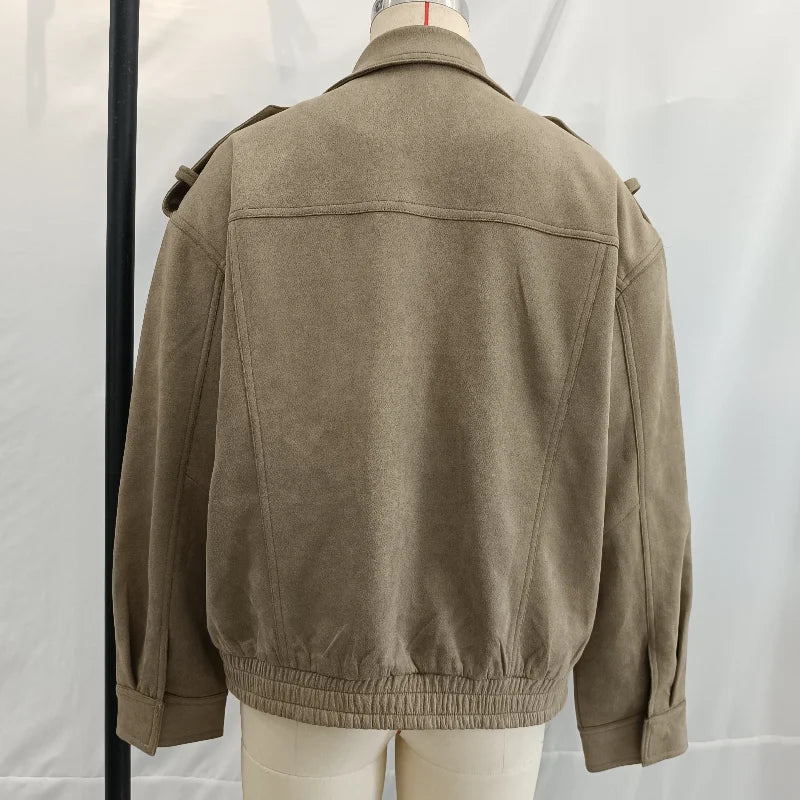 Women Loose Suede Jacket Fashion Long Sleeve Pockets Zipper Oversized Bomber Jacket 2025 Autumn Winter Lady High Street Outwear