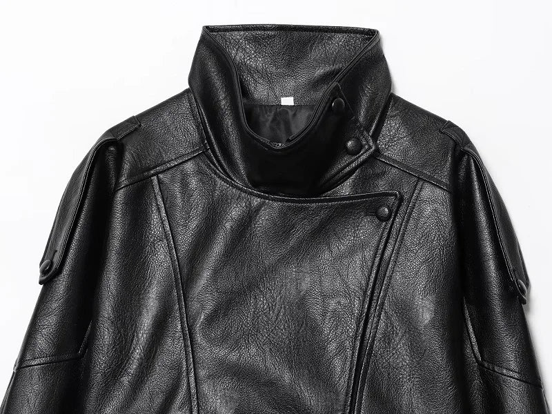 MUJER Black Faux Leather Jackets for Women Outerwears Office Women's Bomber Jacket Snap Button Demi-season Jacket for Women Coat