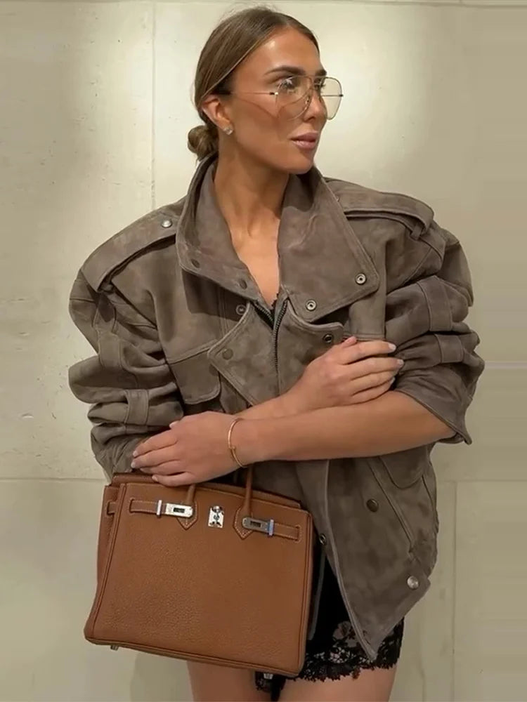 Suede Safari Style Short Bomber Jackets Women Fashion Stand Collar Epaulet Elastic Hem Button Loose Coats Chic Ladies Outerwears