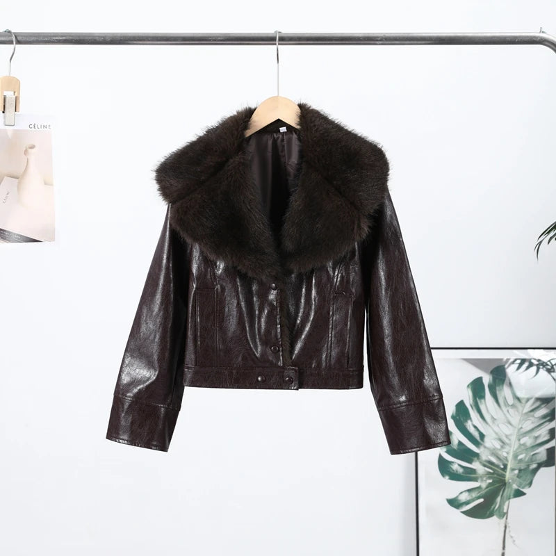 Vintage Plush PU Leather Jacket Women Casual Loose Lapel Single Breasted Jackets Coat Female 2025 Winter Chic Street Outwear