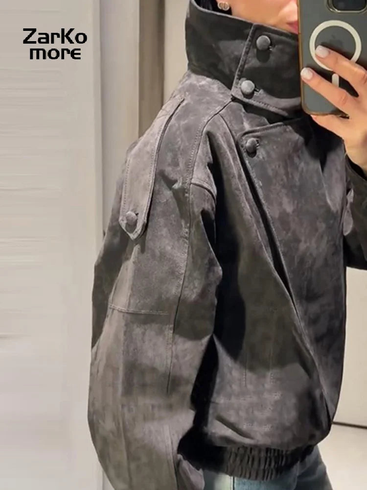 Fashion Dark Grey Suede Bomber Jacket Women Stand Collar Oversize Asymmetric Street Coat 2026 Spring All Match Streetwear New