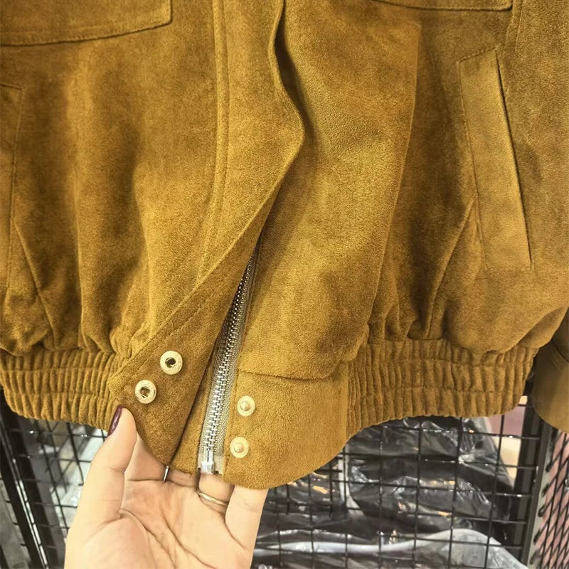 Fashion Dark Grey Suede Bomber Jacket Women Stand Collar Oversize Asymmetric Street Coat 2026 Spring All Match Streetwear New