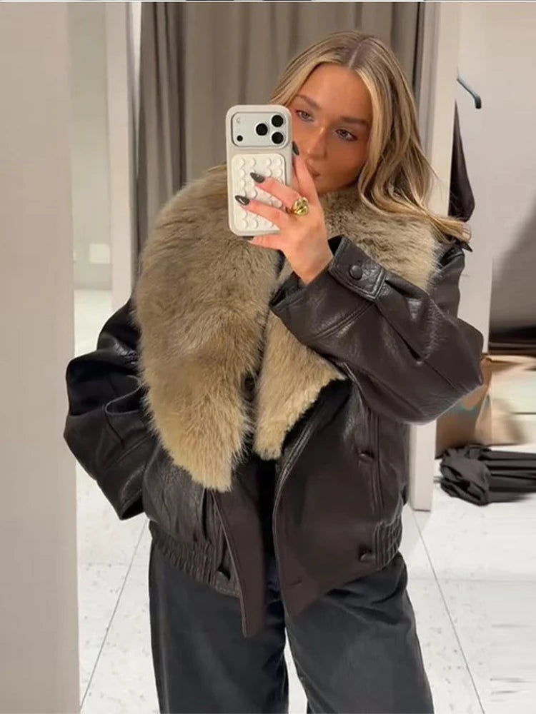 Fashion PU Leather Short Jacket Women Fur Collar Contrast Double-breasted Warm Coat Female 2025 Autumn Winter New Outwears