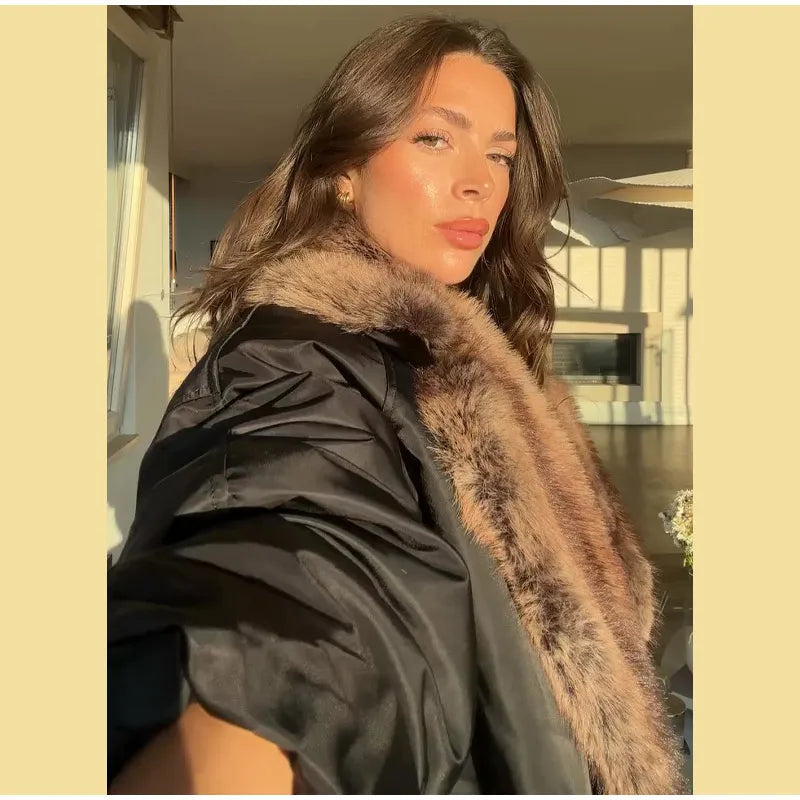 Fashion PU Leather Short Jacket Women Fur Collar Contrast Double-breasted Warm Coat Female 2025 Autumn Winter New Outwears