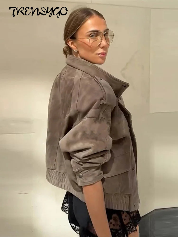 Suede Safari Style Short Bomber Jackets Women Fashion Stand Collar Epaulet Elastic Hem Button Loose Coats Chic Ladies Outerwears