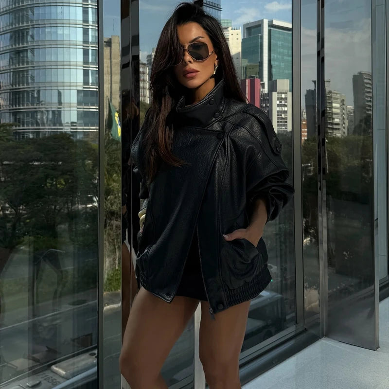 MUJER Black Faux Leather Jackets for Women Outerwears Office Women's Bomber Jacket Snap Button Demi-season Jacket for Women Coat