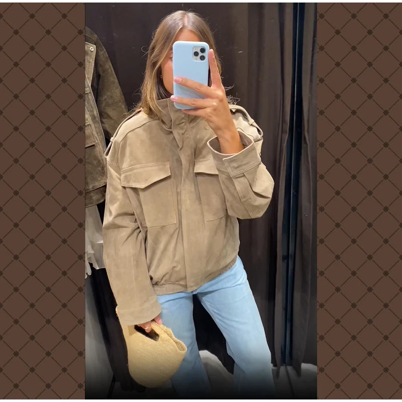 Women Loose Suede Jacket Fashion Long Sleeve Pockets Zipper Oversized Bomber Jacket 2025 Autumn Winter Lady High Street Outwear