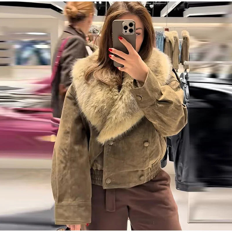 Fashion PU Leather Short Jacket Women Fur Collar Contrast Double-breasted Warm Coat Female 2025 Autumn Winter New Outwears