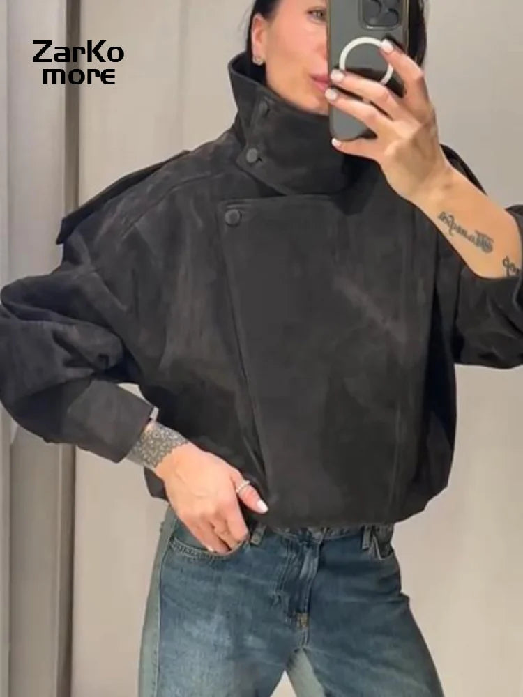 Fashion Dark Grey Suede Bomber Jacket Women Stand Collar Oversize Asymmetric Street Coat 2026 Spring All Match Streetwear New