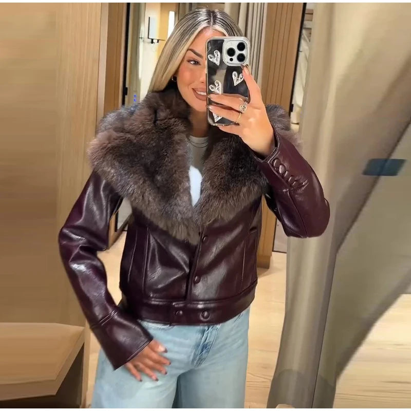 Fashion PU Leather Short Jacket Women Fur Collar Contrast Double-breasted Warm Coat Female 2025 Autumn Winter New Outwears