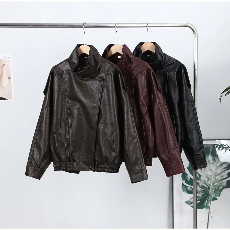 Fashion Dark Grey Suede Bomber Jacket Women Stand Collar Oversize Asymmetric Street Coat 2026 Spring All Match Streetwear New