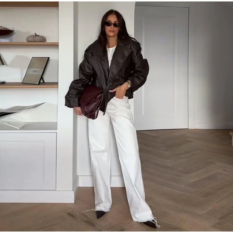 Fashion PU Leather Short Jacket Women Fur Collar Contrast Double-breasted Warm Coat Female 2025 Autumn Winter New Outwears