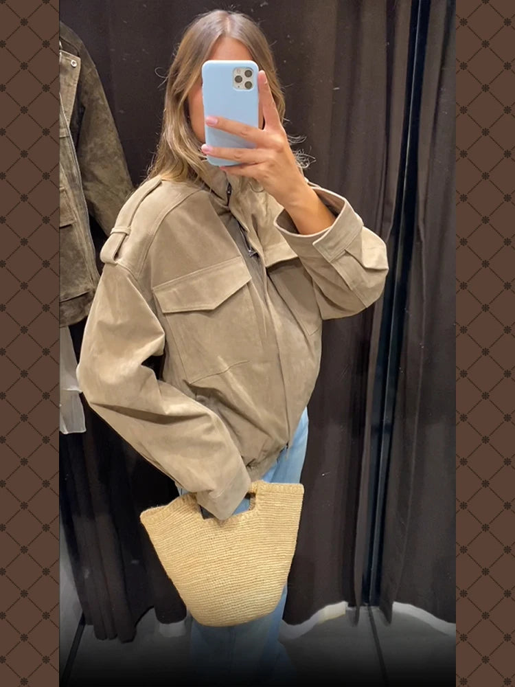 Women Loose Suede Jacket Fashion Long Sleeve Pockets Zipper Oversized Bomber Jacket 2025 Autumn Winter Lady High Street Outwear