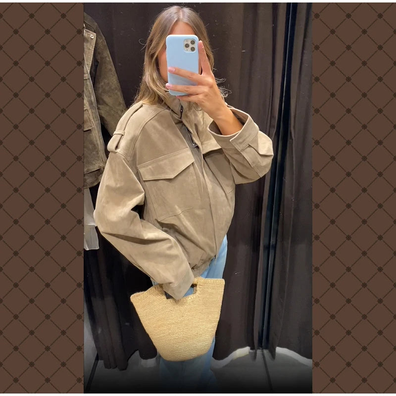 Women Loose Suede Jacket Fashion Long Sleeve Pockets Zipper Oversized Bomber Jacket 2025 Autumn Winter Lady High Street Outwear