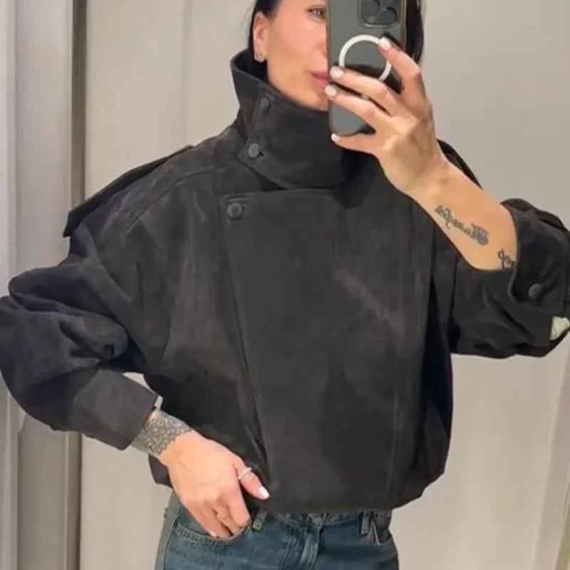 Fashion Dark Grey Suede Bomber Jacket Women Stand Collar Oversize Asymmetric Street Coat 2026 Spring All Match Streetwear New