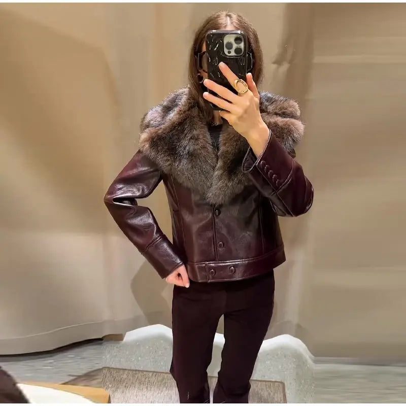 Vintage Plush PU Leather Jacket Women Casual Loose Lapel Single Breasted Jackets Coat Female 2025 Winter Chic Street Outwear