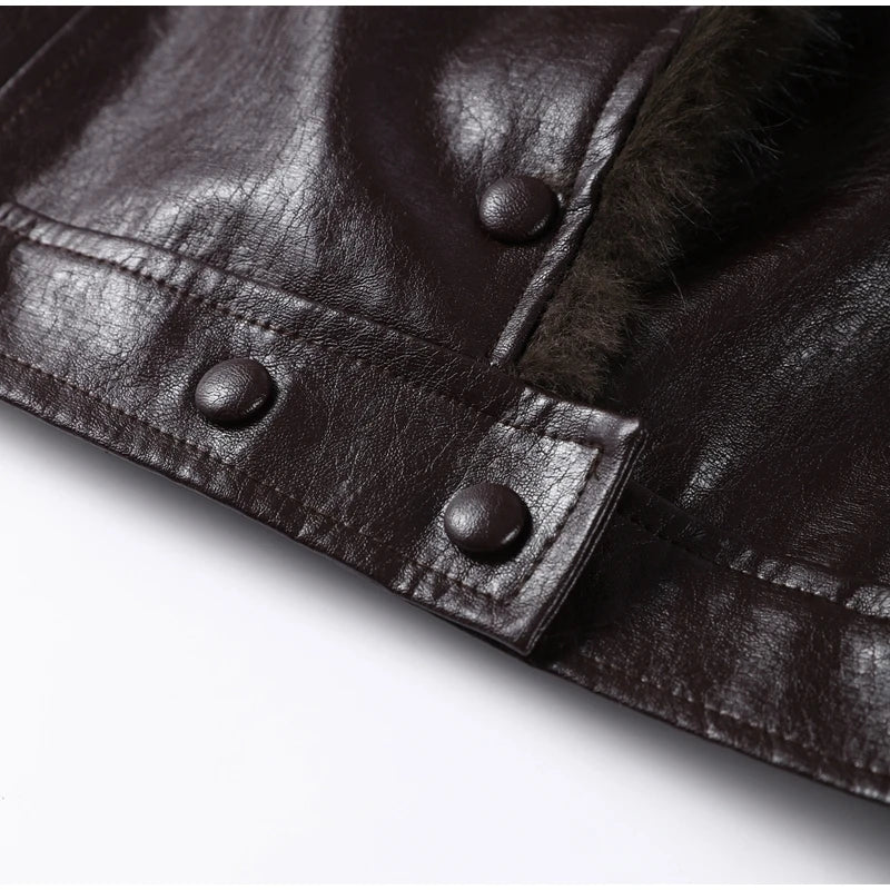 Vintage Plush PU Leather Jacket Women Casual Loose Lapel Single Breasted Jackets Coat Female 2025 Winter Chic Street Outwear