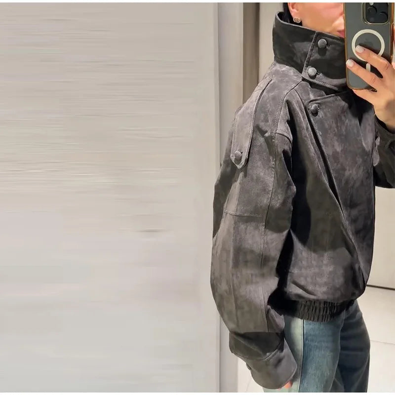 Fashion Dark Grey Suede Bomber Jacket Women Stand Collar Oversize Asymmetric Street Coat 2026 Spring All Match Streetwear New
