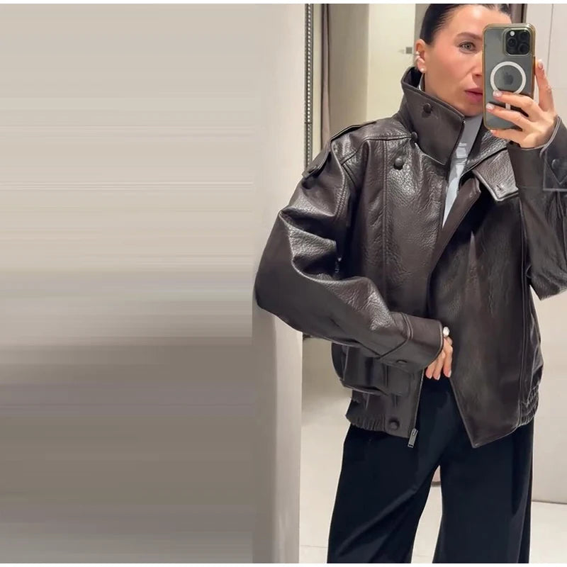 Fashion Dark Grey Suede Bomber Jacket Women Stand Collar Oversize Asymmetric Street Coat 2026 Spring All Match Streetwear New