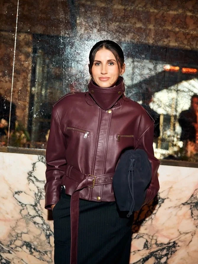 Women Solid Burgundy Waist Cinching Jacket Fashion Lace Up Stand Collar Zipper Bucket Short Jackets 2025 Lady High Street Coat