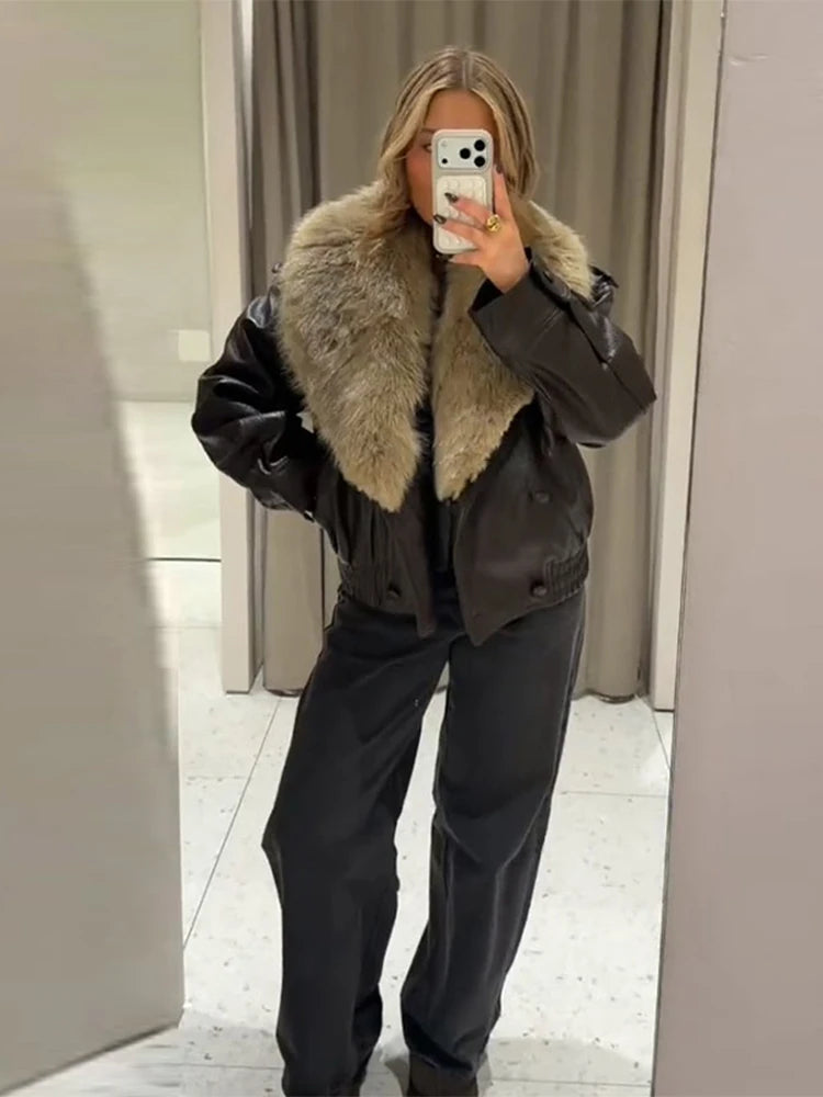 Fashion PU Leather Short Jacket Women Fur Collar Contrast Double-breasted Warm Coat Female 2025 Autumn Winter New Outwears