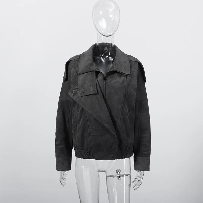 Fashion Dark Grey Suede Bomber Jacket Women Stand Collar Oversize Asymmetric Street Coat 2026 Spring All Match Streetwear New