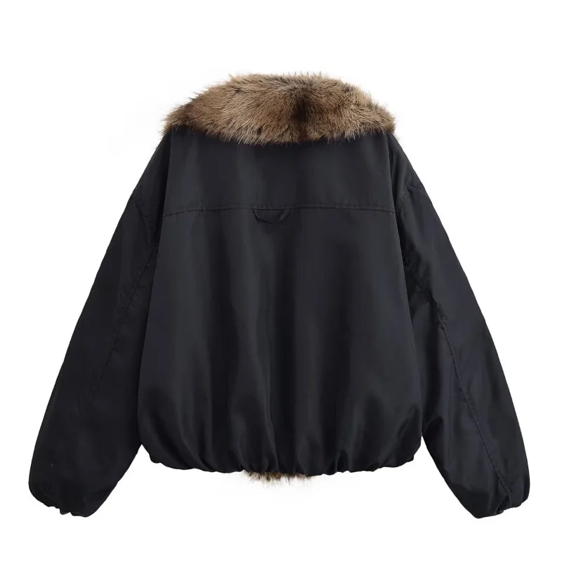 Fashion PU Leather Short Jacket Women Fur Collar Contrast Double-breasted Warm Coat Female 2025 Autumn Winter New Outwears