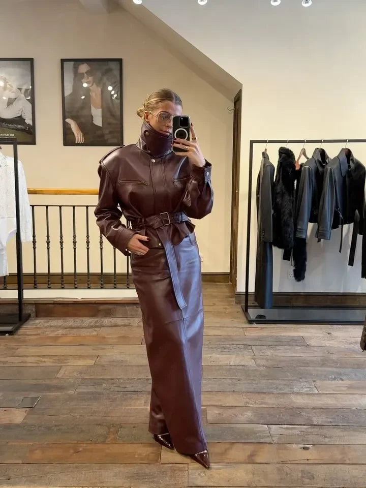 Women Solid Burgundy Waist Cinching Jacket Fashion Lace Up Stand Collar Zipper Bucket Short Jackets 2025 Lady High Street Coat