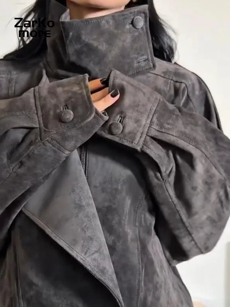 Fashion Dark Grey Suede Bomber Jacket Women Stand Collar Oversize Asymmetric Street Coat 2026 Spring All Match Streetwear New