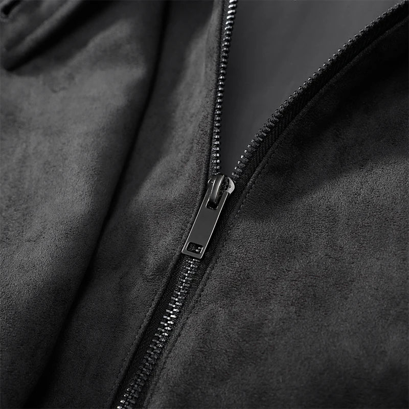 Fashion Dark Grey Suede Bomber Jacket Women Stand Collar Oversize Asymmetric Street Coat 2026 Spring All Match Streetwear New