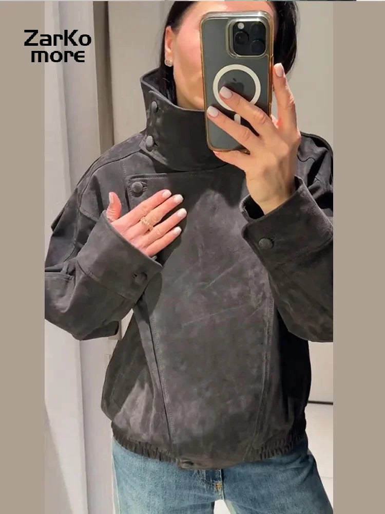Fashion Dark Grey Suede Bomber Jacket Women Stand Collar Oversize Asymmetric Street Coat 2026 Spring All Match Streetwear New