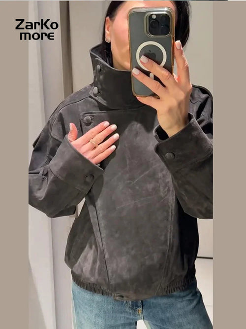 Fashion Dark Grey Suede Bomber Jacket Women Stand Collar Oversize Asymmetric Street Coat 2026 Spring All Match Streetwear New