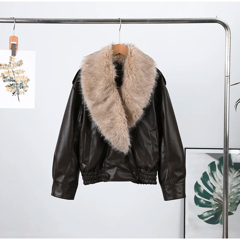 Fashion PU Leather Short Jacket Women Fur Collar Contrast Double-breasted Warm Coat Female 2025 Autumn Winter New Outwears