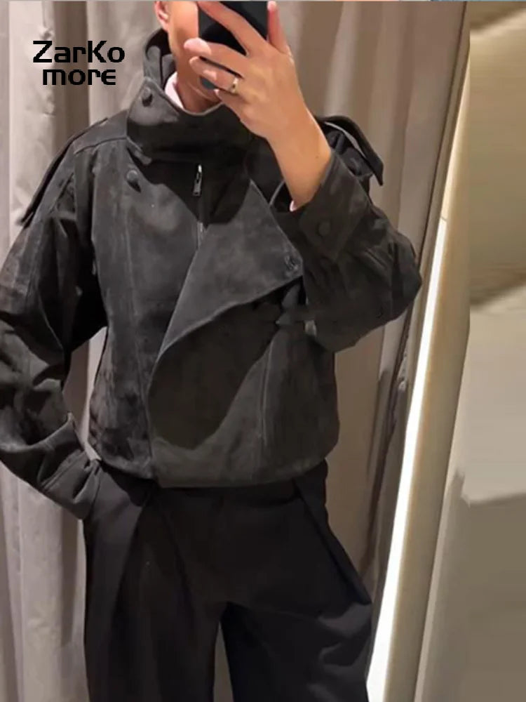 Fashion Dark Grey Suede Bomber Jacket Women Stand Collar Oversize Asymmetric Street Coat 2026 Spring All Match Streetwear New