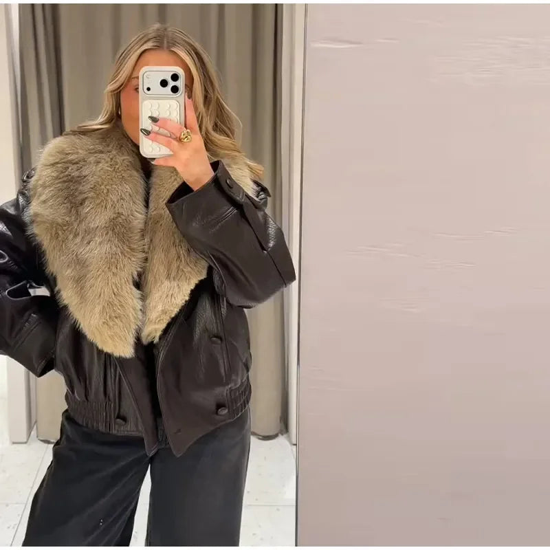 Fashion PU Leather Short Jacket Women Fur Collar Contrast Double-breasted Warm Coat Female 2025 Autumn Winter New Outwears