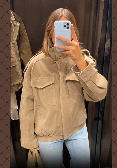 Women Loose Suede Jacket Fashion Long Sleeve Pockets Zipper Oversized Bomber Jacket 2025 Autumn Winter Lady High Street Outwear