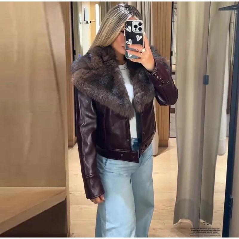 Vintage Plush PU Leather Jacket Women Casual Loose Lapel Single Breasted Jackets Coat Female 2025 Winter Chic Street Outwear