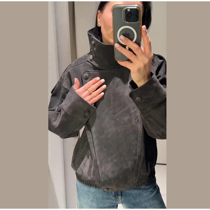 Fashion Dark Grey Suede Bomber Jacket Women Stand Collar Oversize Asymmetric Street Coat 2026 Spring All Match Streetwear New
