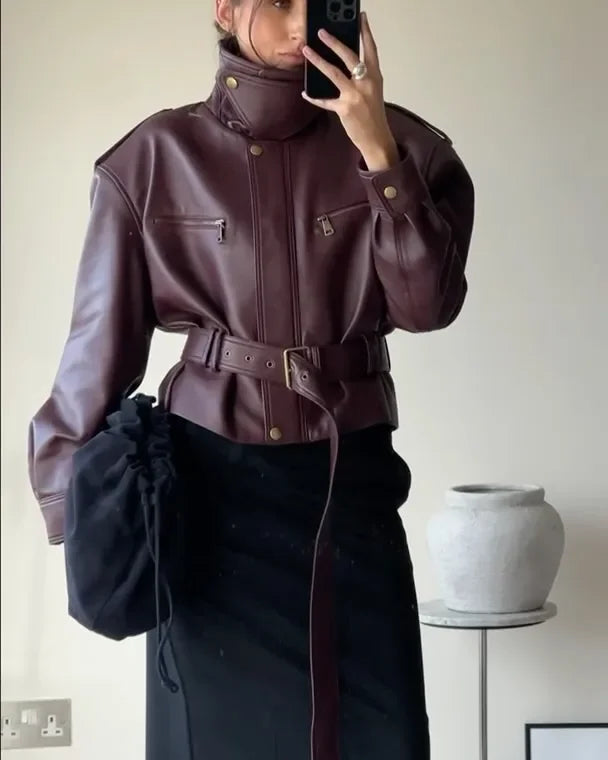 Women Solid Burgundy Waist Cinching Jacket Fashion Lace Up Stand Collar Zipper Bucket Short Jackets 2025 Lady High Street Coat