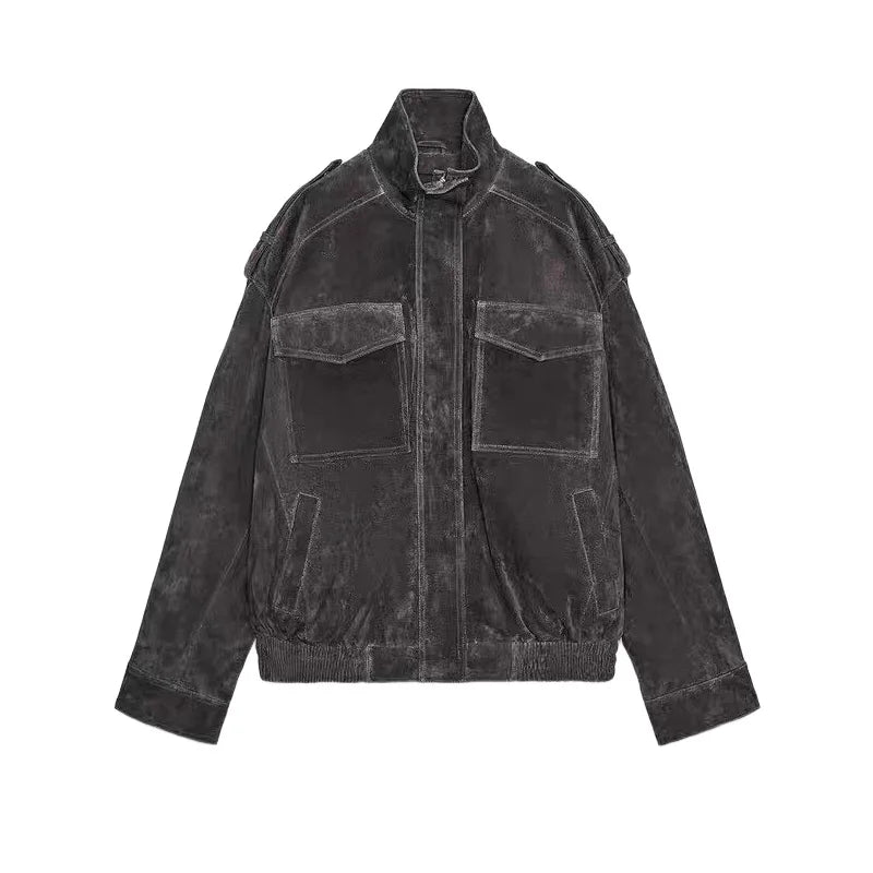 Fashion Dark Grey Suede Bomber Jacket Women Stand Collar Oversize Asymmetric Street Coat 2026 Spring All Match Streetwear New